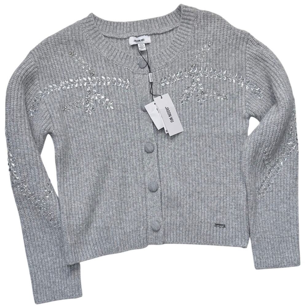 Jason Wu Gray Crystal Embellished Knit Cardigan Size M NWT Lightweight Dressy